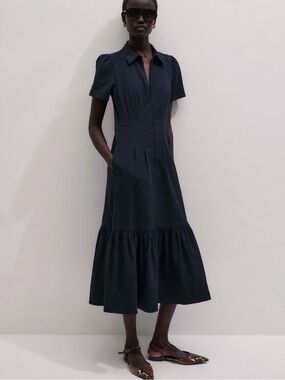 ME+EM Fit + Flare Midi Cotton Seersucker Dress Navy Blue Color size US 2